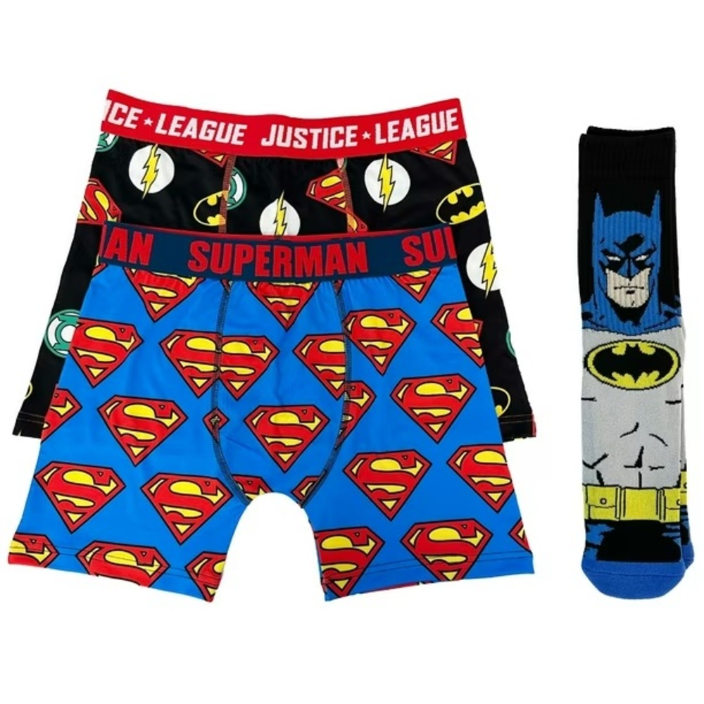 DC Comics Superman and Batman Boxer Briefs and Socks Set - Blue and Black